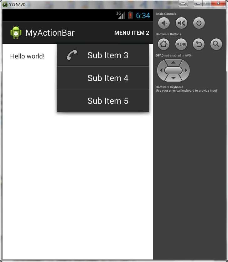 android:id="@+id/item3" android:title="sub Item 3" android:icon="@android:drawable/ic_menu_call"/> <item android:id="@+id/item4"