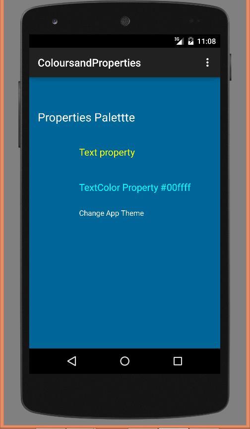 Widgets and Properties ColoursandProperties app Drag widgets onto Layout and change properties (eg ID, Text, TextColor,..) in the properties palette as shown.