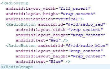 xml file and add two RadioButtons, nested in a RadioGroup (inside the LinearLayout): It's important that the RadioButtons are grouped together by the