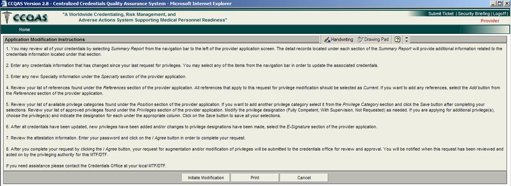 associated with other facilities or units. Upon selecting Request Modification, the Application Modification Instructions screen will appear (Exhibit 6.1-2)