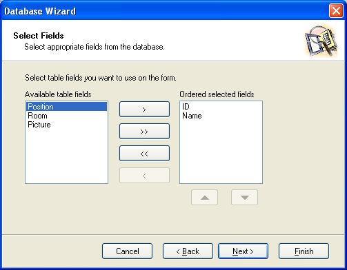Database Wizard: Select Fields Database Wizard: Select fields Select the database fields you want to use on the form. Use the arrow buttons for managing the fields.