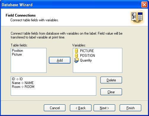 Database Wizard: Field connections to variables Database Wizard: Field Connections You have to make a connections between database fields and variables on the form.