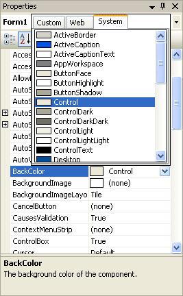 The default color is the one selected - Control. This is on the System Tab. The System colors are to set whatever color scheme the user has opted for when setting up their computers.