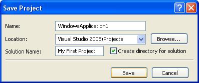 Vista), under Visual Studio. If you want to save your projects elsewhere, click the Browse button. To actually save your work as you go along, just click File > Save All from the menu bar.