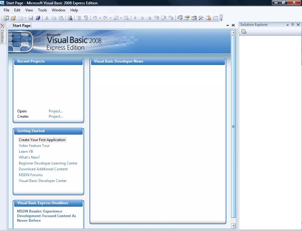 Session 1 Getting Started With VB.Net Launch your Visual Basic.NET software. When the software first loads, you'll see a screen something like this one: There's a lot happening on the start page.