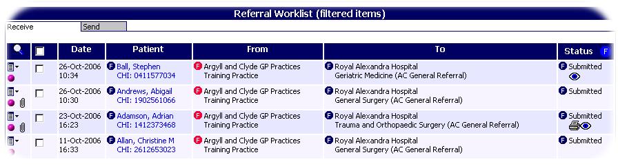 Filtering the Worklist You can click on any of the Filter icons to show only those referrals showing the filtered item.