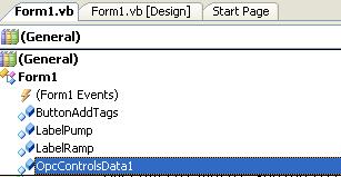 6 For Visual Basic view the code of Form1. Select OpcControlsData1 from the object list. Select ValuesChangedAll from the event list.