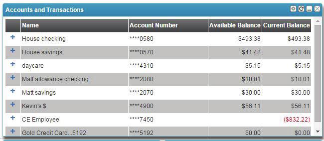 In the Accounts and Transactions widget, you can see all your balances and accounts. But, you can also see the five most recent transactions by clicking the plus sign next to the account name.
