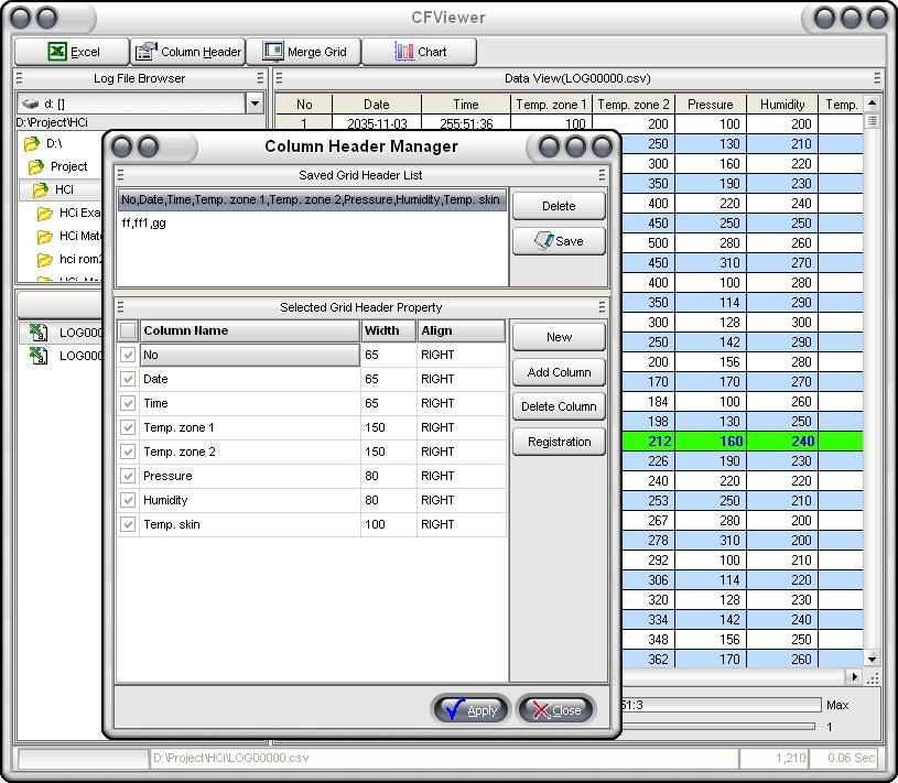 HCiX CFViewer Editing the column header The header names of CSV file can edited by the column header manager.