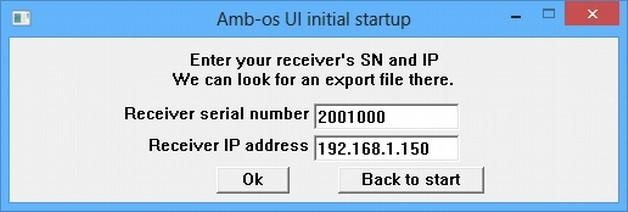 Click on the Look for an export file on my receiver to open a dialog box to enter the AMR-100 s serial number and IP address.