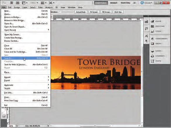 Working with Images and Multimedia CHAPTER The image opens in the Photoshop window. You can now edit the image. 3 After making your changes, click File. 4 Click Save As.