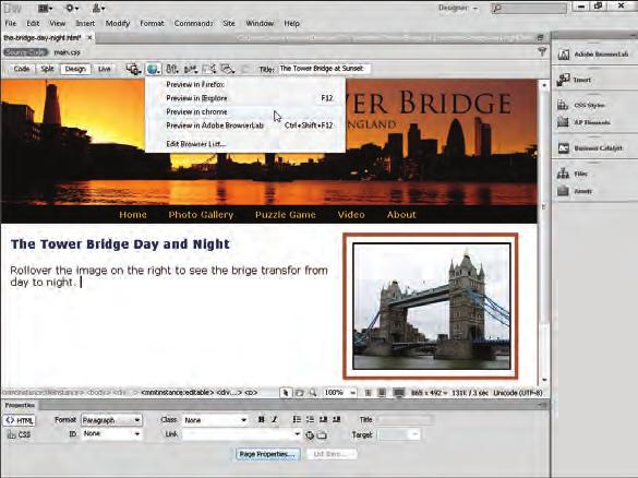 Working with Images and Multimedia CHAPTER Dreamweaver automatically inserts the scripting that you need to make the rollover effect work. A The first image in the rollover is displayed on the page.