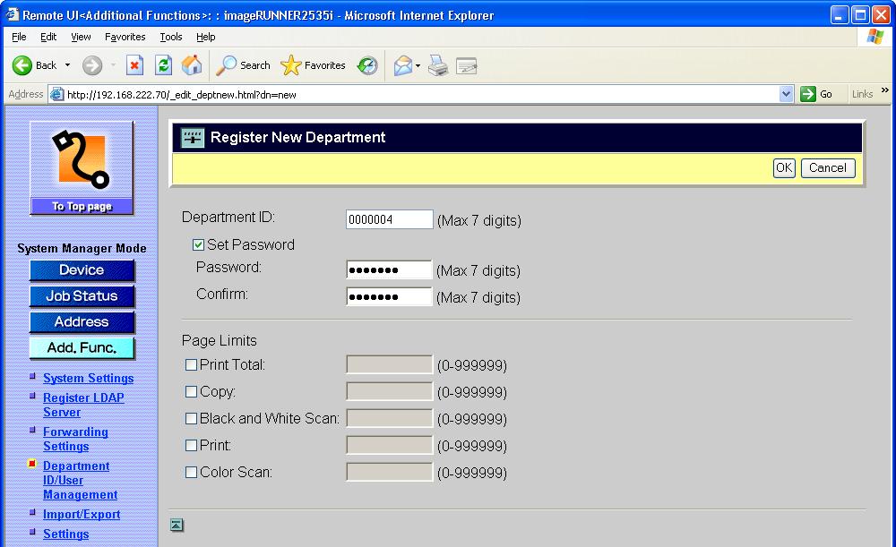 You can also display the Register New Department page by clicking [ ] (New) on the list of the Department IDs shown in step 1.