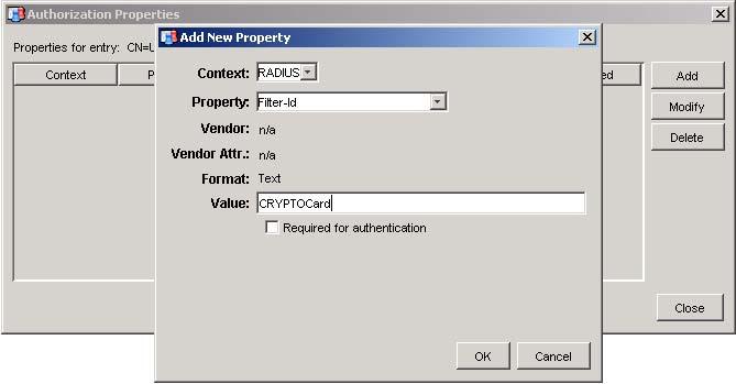 From the Authorization Properties window, choose Add, and enter the configuration for a RADIUS Filter-ID property.