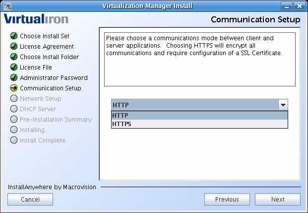 7. Choose HTTP or HTTPS as the connection type between the Virtualization Manager client and server. If you choose HTTP, the window shown below appears.