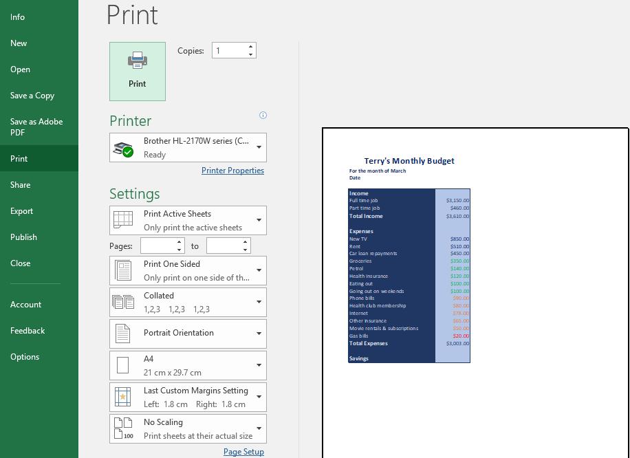 Exercise 6. Printing Options 1) Select the File tab on the Ribbon and then select Print (or press [Ctrl] [P] ). Options like the ones below will appear.