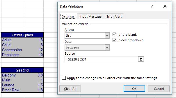 Exercise 10. Create Data Validation Lists 1) Select cell C11. This cell should contain the ticket type. 2) Click the Data Validation icon and make sure the Settings tab is showing.