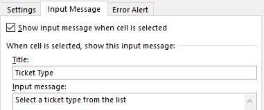 7) Change the Input Message options so that they look like the example below. 8) Change the Error Alert options to look like the example below.