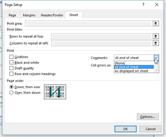 11) Click the File tab on the Ribbon and then click Print. 12) From the bottom of the Print options select Page Setup. 13) On the Sheet tab you will find a Comments option.