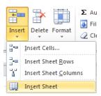 From the Home tab in the Cells group, click the drop down arrow on Insert and select Insert Sheet. Renaming Worksheets: 1. Right click on the Worksheet Name. 2. Select Rename. 3.