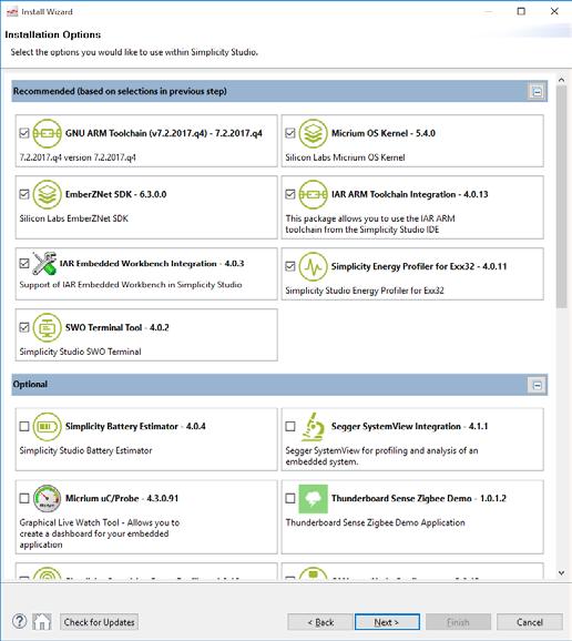 The Installation Options dialog shows the tools and software packages that can be installed.