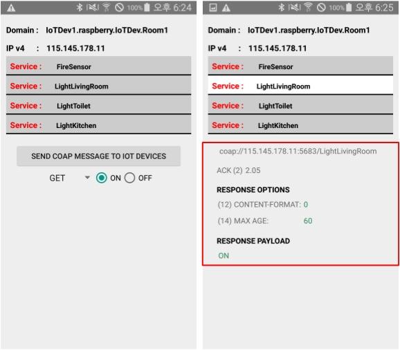 The last red box shows the received control message using CoAP from smart device to IoT device. A detailed information in application describes at section IV-C. C. Smartphone Application We use the smartphone as a CoAP client to receive DNS names and services of the IoT device from the DNS server.
