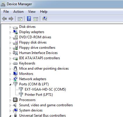 USB Interface Appendix 6. The Computer Management window will open. 7. In the left window pane, under System Tools, click Device Manager. 8. In the right window pane, locate Ports (COM & LPT).