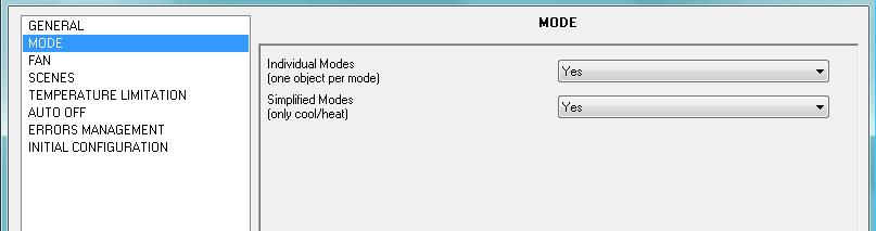 Simplified Modes The selection of the Simplified Modes will enable a 1-bit communication object with the same name that will allow choosing between Mode Cool (value 0) and Mode Heat (value 1).