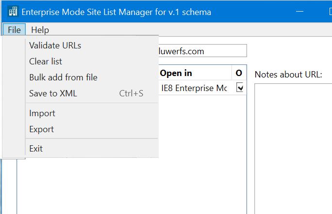5. Verify that IE8 Enterprise Mode is selected and click the Save button. 6. On Menu Bar, select File and select Save to XML. 7. Browse to folder path where the sitelist.