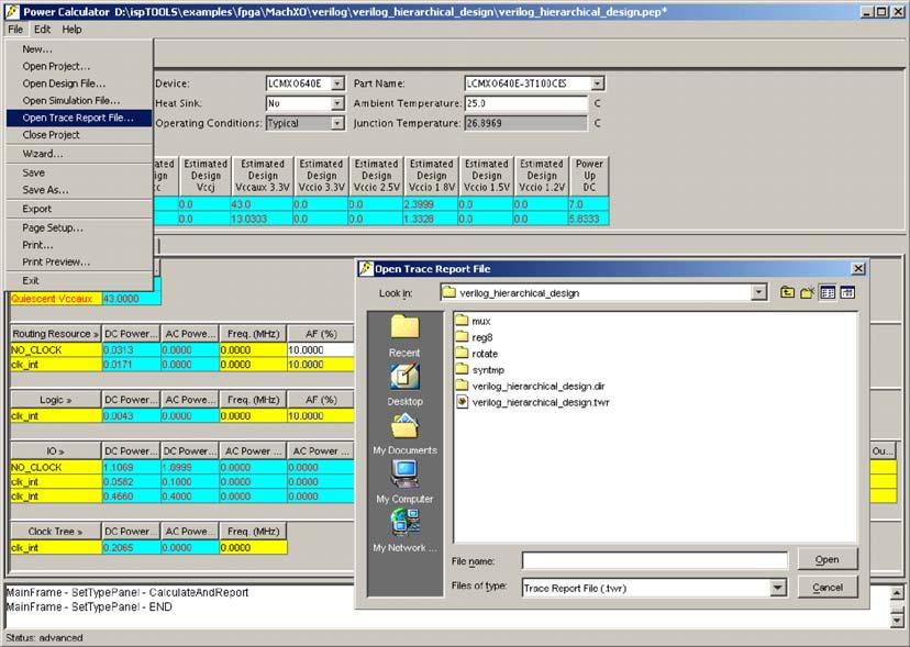 Importing a Trace Report File (TWR) Post Trace TWR file can be imported into the Power Calculator project to estimate a design s activity factors.