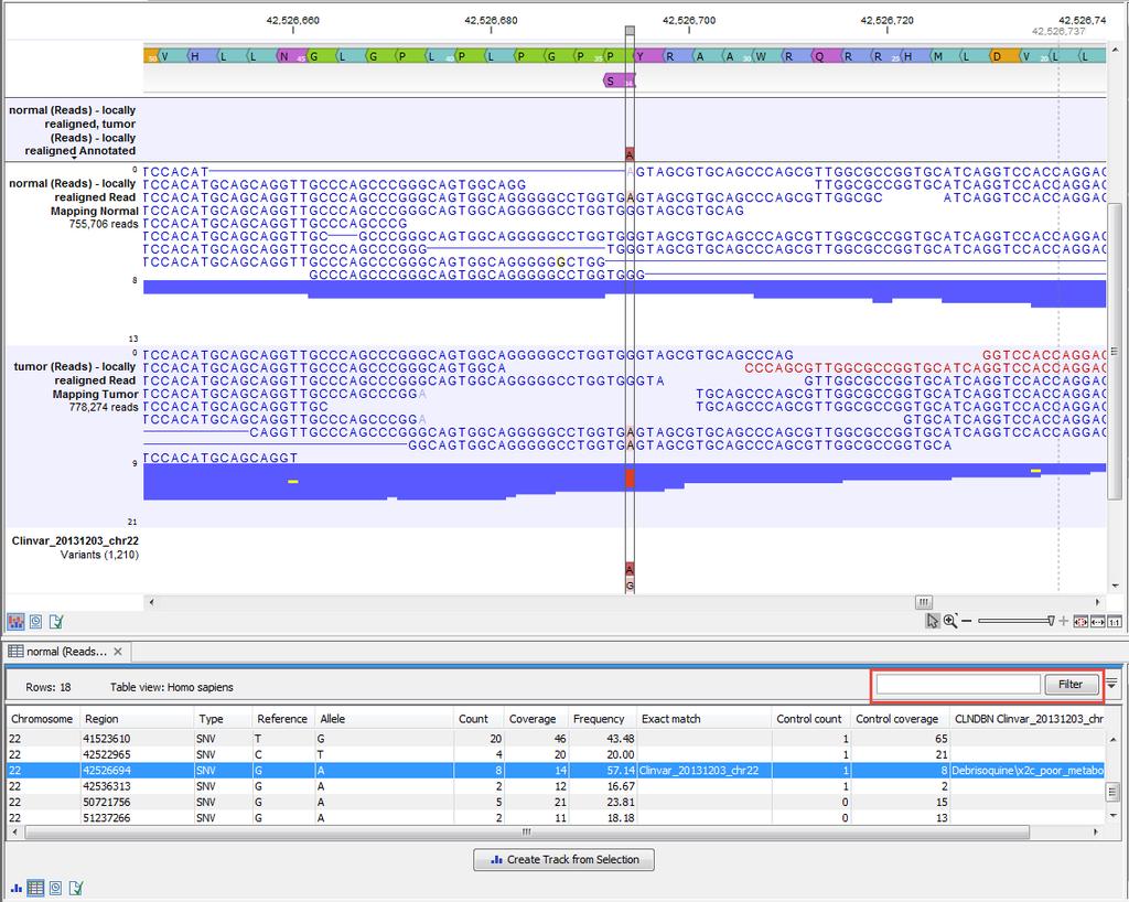 Identification of somatic variants in a matched tumor-normal pair 8 Figure 10: When you click on the name of the track "normal (Reads) - locally realigned, tumor (Reads) - locally realigned Annotated