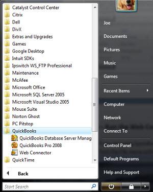 b. For versions 2007 and earlier, you must access the QuickBooks Web Connector from the Programs menu in Windows. Click on the Windows Start button and Programs, QuickBooks and then Web Connector.