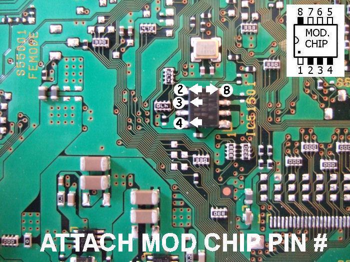 Mod. chip pins #2, #3, #4 and #8 should be connected to the small 8 pin chip as shown.