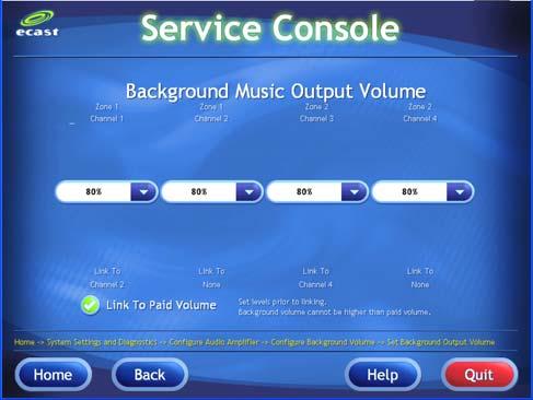 Configure Background Volume This screen is used to set the Background Music Volume (including Autoplay selections), set the Minimum and Maximum allowable background volume and to activate the