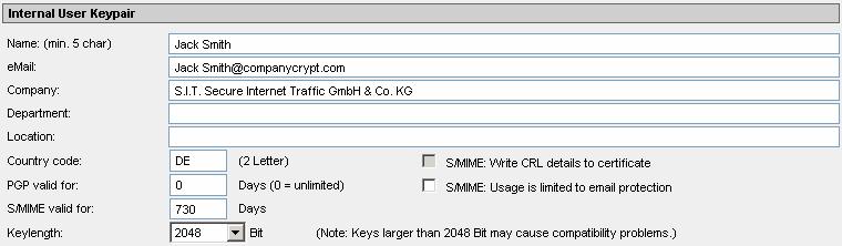 Internal User Keypair Name: email: <User name> <User email address> Step 2 Select S/MIME + PGP, to generate keys on both formats. Step 3 Start the key generation by clicking on the button Generate.