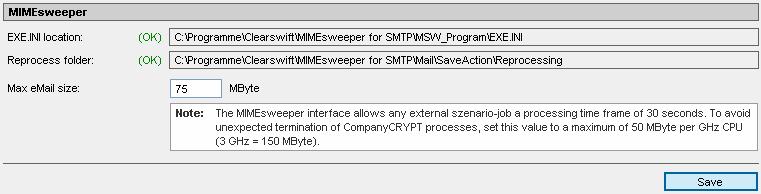 EXE.INI location: Reprocess folder: Max email size: Shows the path to the MIMEsweeper configuration file EXE.