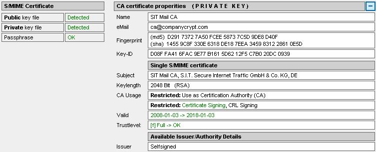 CA certificate storage CA Keyfilename: Public key path: Private key path: Common file name of the CA certificate Folder in which the public key file of the CA certificate is stored Folder in which