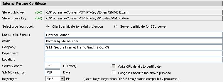 External Partner Certificate Store public key: Store private key: Select type/purpose: Client certificate... Server certificate.