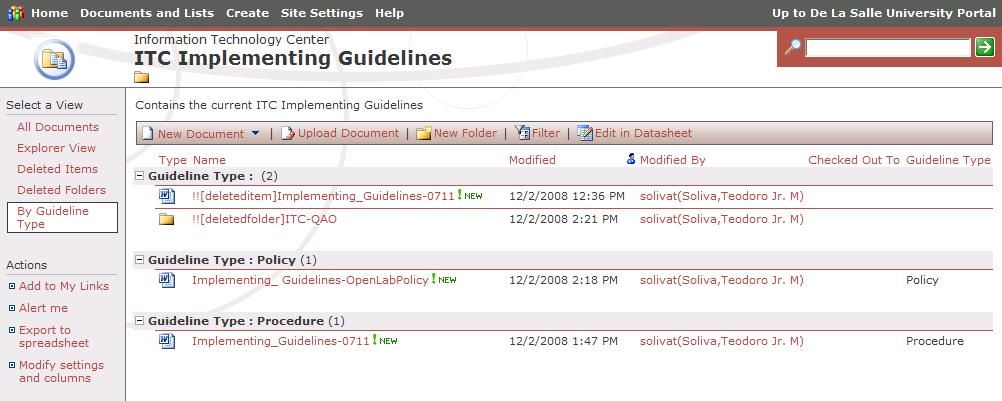 27 The ITC Implementing Guidelines document library appears and in the left pane, a new view called By Guideline Type is displayed. 10. Under Select a View, click on By Guideline Type.