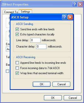 Echo typed characters locally ASCII Receiving Wrap lines that exceeds terminal width Click OK to close the ASCII Setup window Click OK to close the Properties window Now the connection