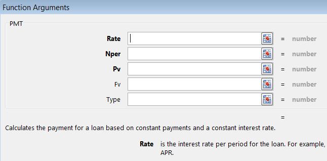 You will use the PMT function, in the Function Arguments (FA) window, and a basic multiplication formula. Begin with your fictional auto loan: 1.