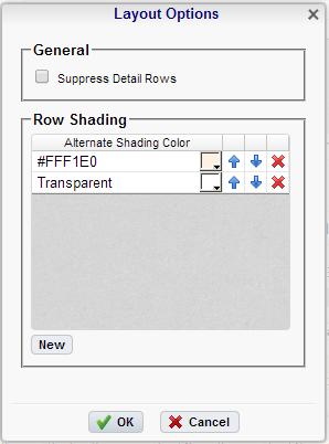 Check Suppress Detail Rws t nly display Sub-Ttals, Grand Ttals, Data Headers & Page Headers/Fters. T add rw shading click the New buttn and select a clr frm the clr drpdwn r enter a hex value.