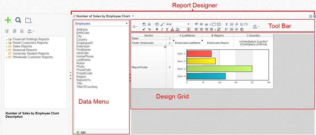 Reprt Designer The Reprt Designer can be used t add data, charts, frmulas, srts, filters and many ther features t a reprt.