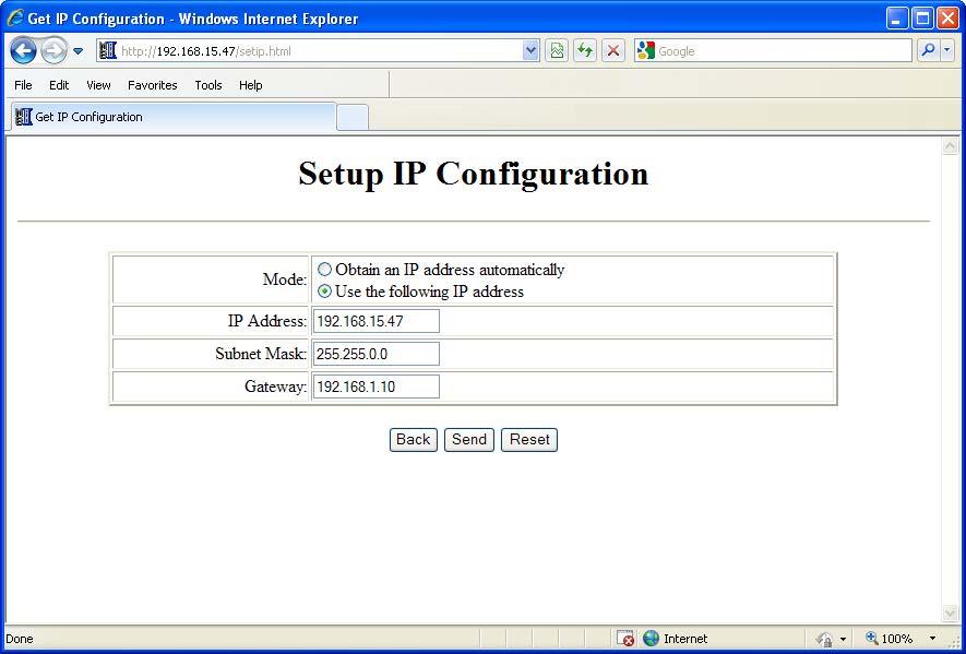 hapter : Parameters IP Setup onfiguration Page The IP address, Subnet Mask and efault Gateway address can be configured on this page.