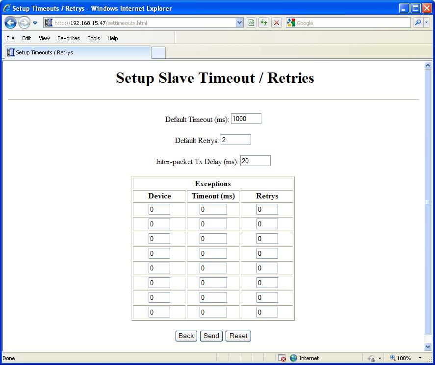 hapter : Parameters Set Up Slave Timeout / Retries Page The Set Up Slave Timeout/Retries page is used to configure the timing on the serial side of the M-GTEWY module.