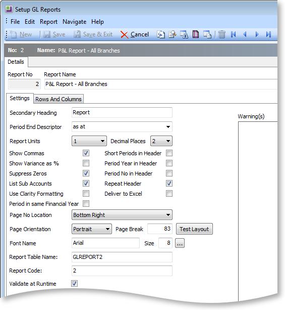 GL Report Writer Settings General Ledger Reports Reports > General Ledger Reports > Setup GL Reports > [New] The Settings sub-tab on the Details tab allows the user to specify the settings for the