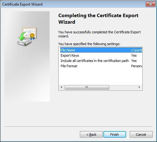 9. Complete the Certificate Manager Export Wizard by