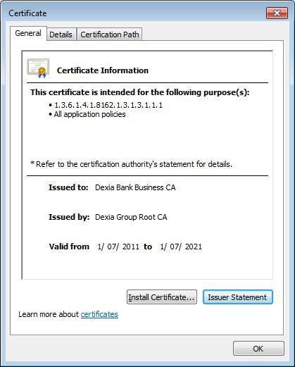 4.3 Import the Dexia Bank Business CA certificate This Certification Authority has been renewed in 2011 This should be reinstalled 1 time The Dexia Business Certification Authority (Business CA)