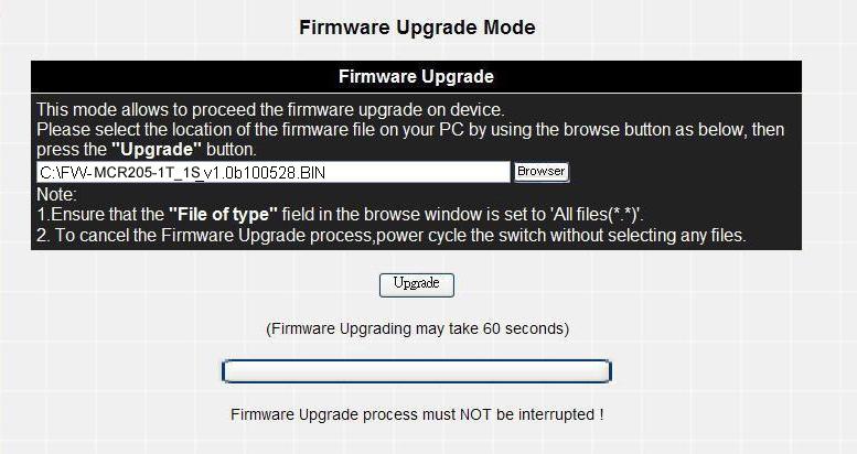 After selecting the correct firmware file on the administrator PC, press the Upgrade button to start the firmware upgrade process.