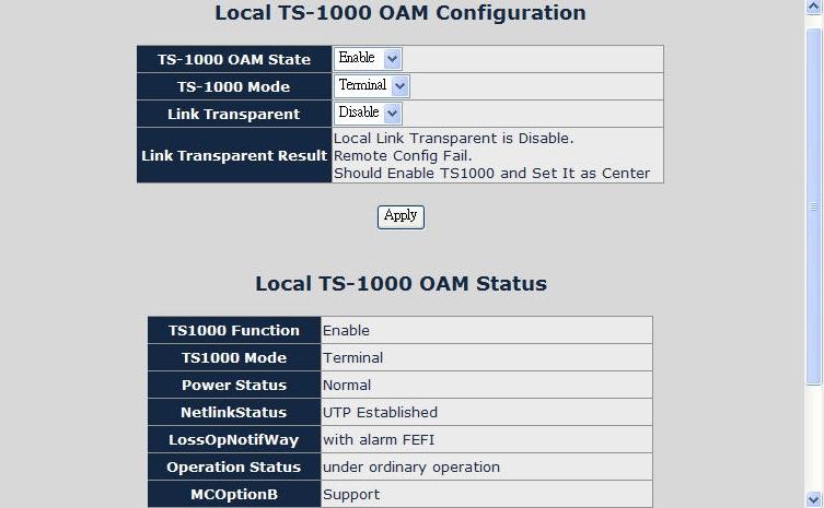 Figure 38: Local TS-1000 OAM Setup Web Page screen The Local TS-1000 OAM Setup Web page includes the following configurable data: TS-1000 OAM State TS-1000 Mode Link Transparent Link Transparent